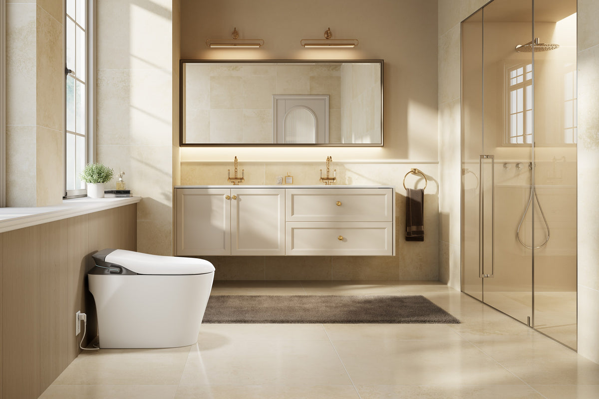 Leiben Heim smart toilet in a warm beige bathroom with a floating vanity and walk-in shower