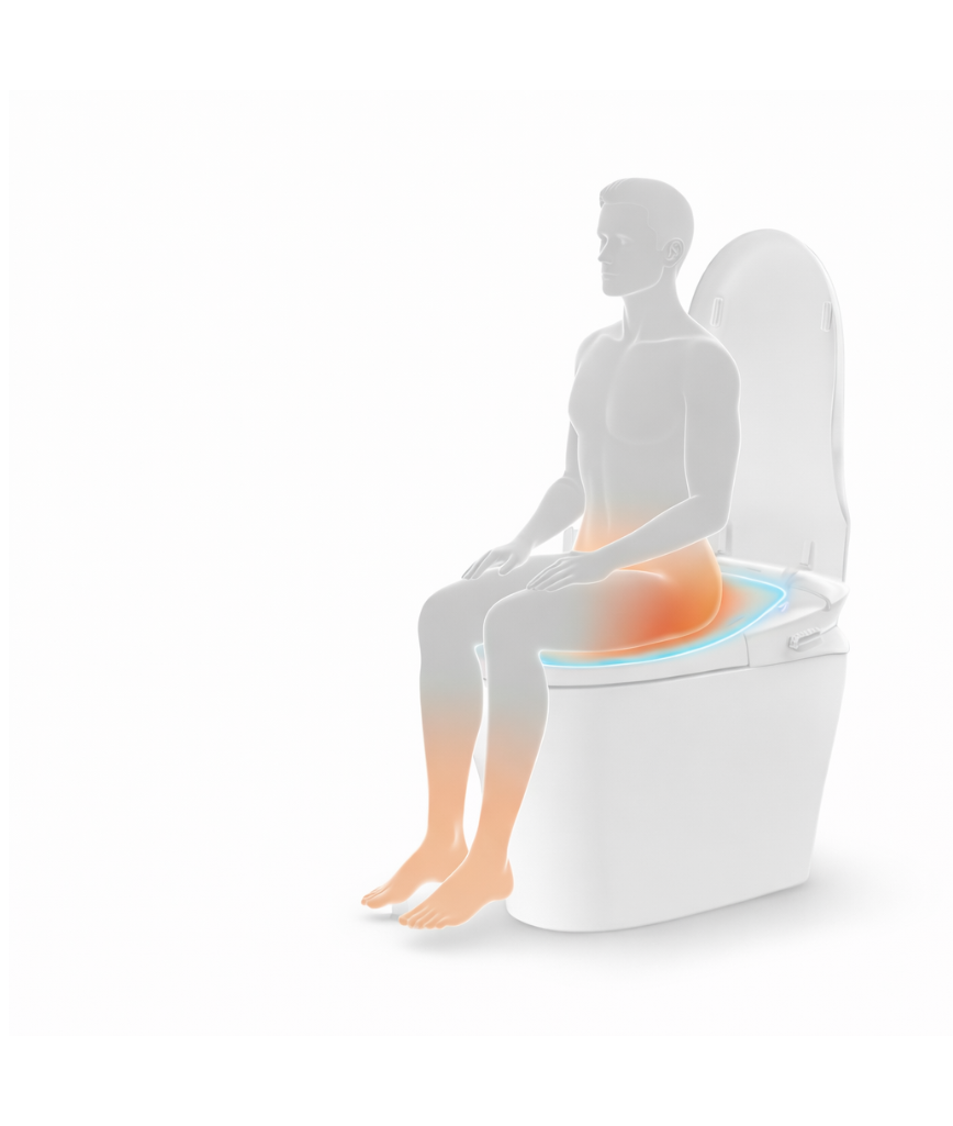 Diagram showing a person using a smart toilet seat with highlighted areas on a white background